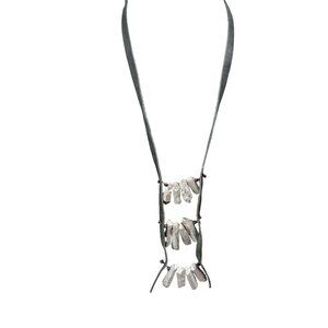 Silver Natural Crystal Black Leather Long Statement Necklace Boho Bohemian